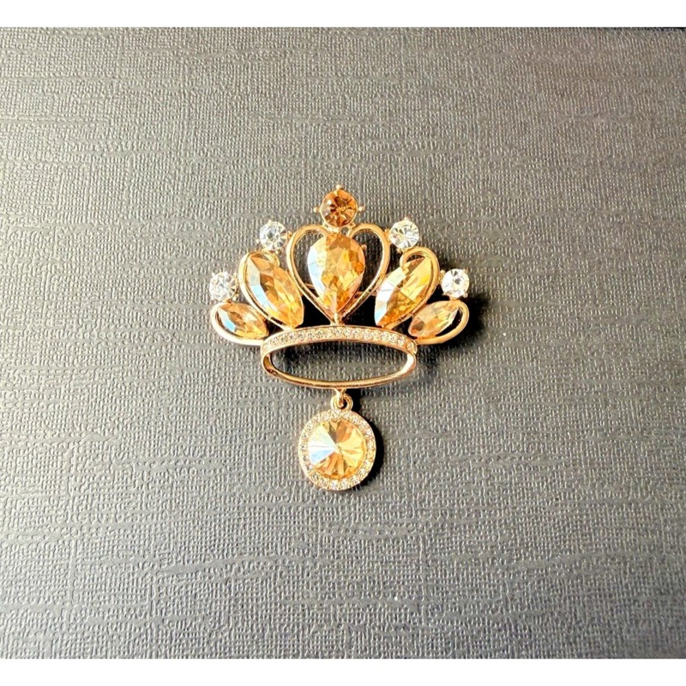 Crown Tiara Statement Brooch Pin Gold Crystal Champagne Rhinestone Dangle New